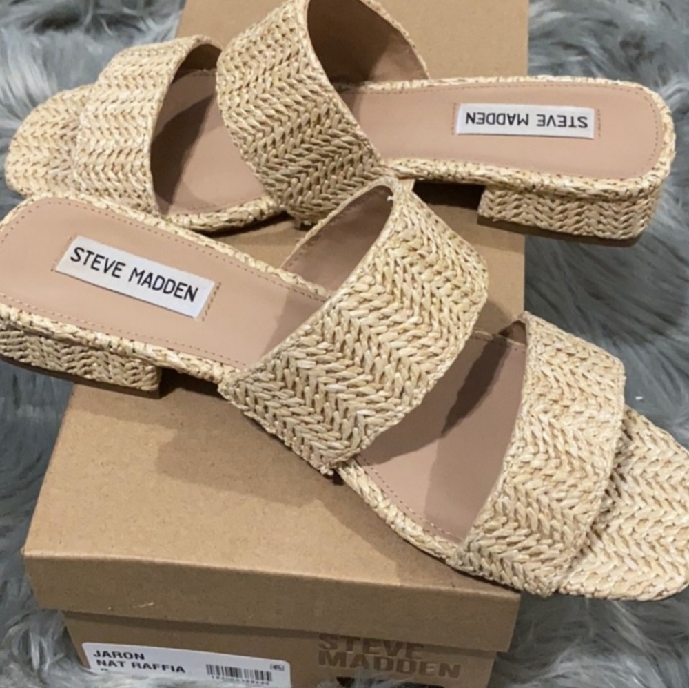 Steve Madden Beige Woven Double-Strap Slide Sandals